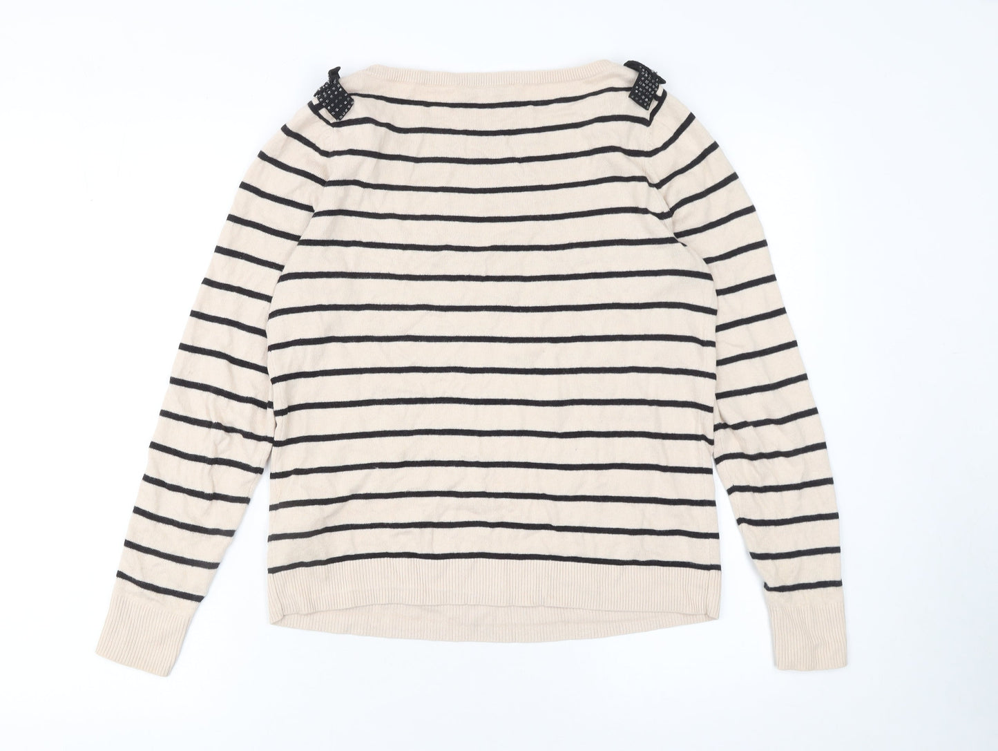 Oasis Women’s Beige Striped Boat Neck Bow Jumper Size S