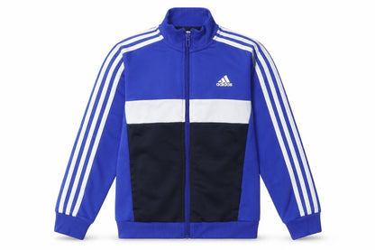 Front view of Adidas boys’ blue track jacket 10 years full zip colourblock activewear