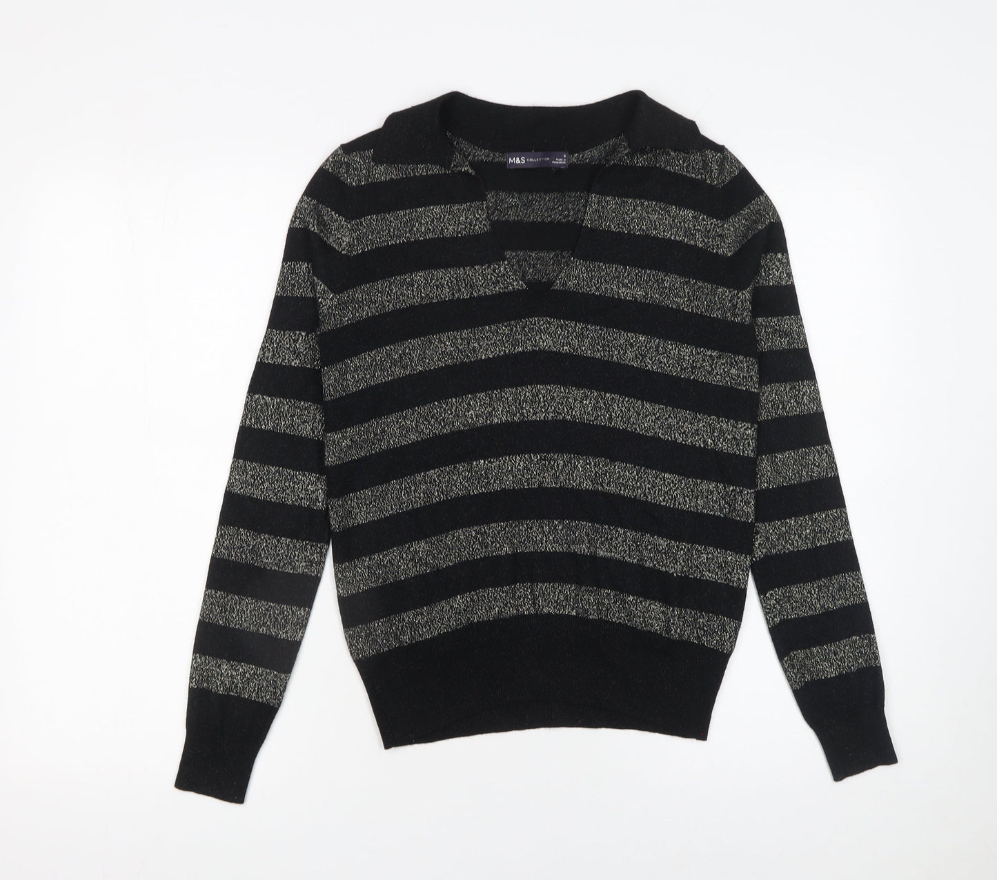 Marks and Spencer Women’s Black Striped Collared Pullover Jumper Size S