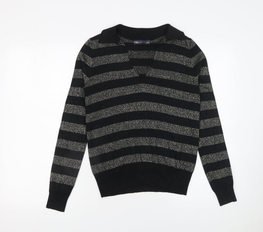 Marks and Spencer Women’s Black Striped Collared Pullover Jumper Size S