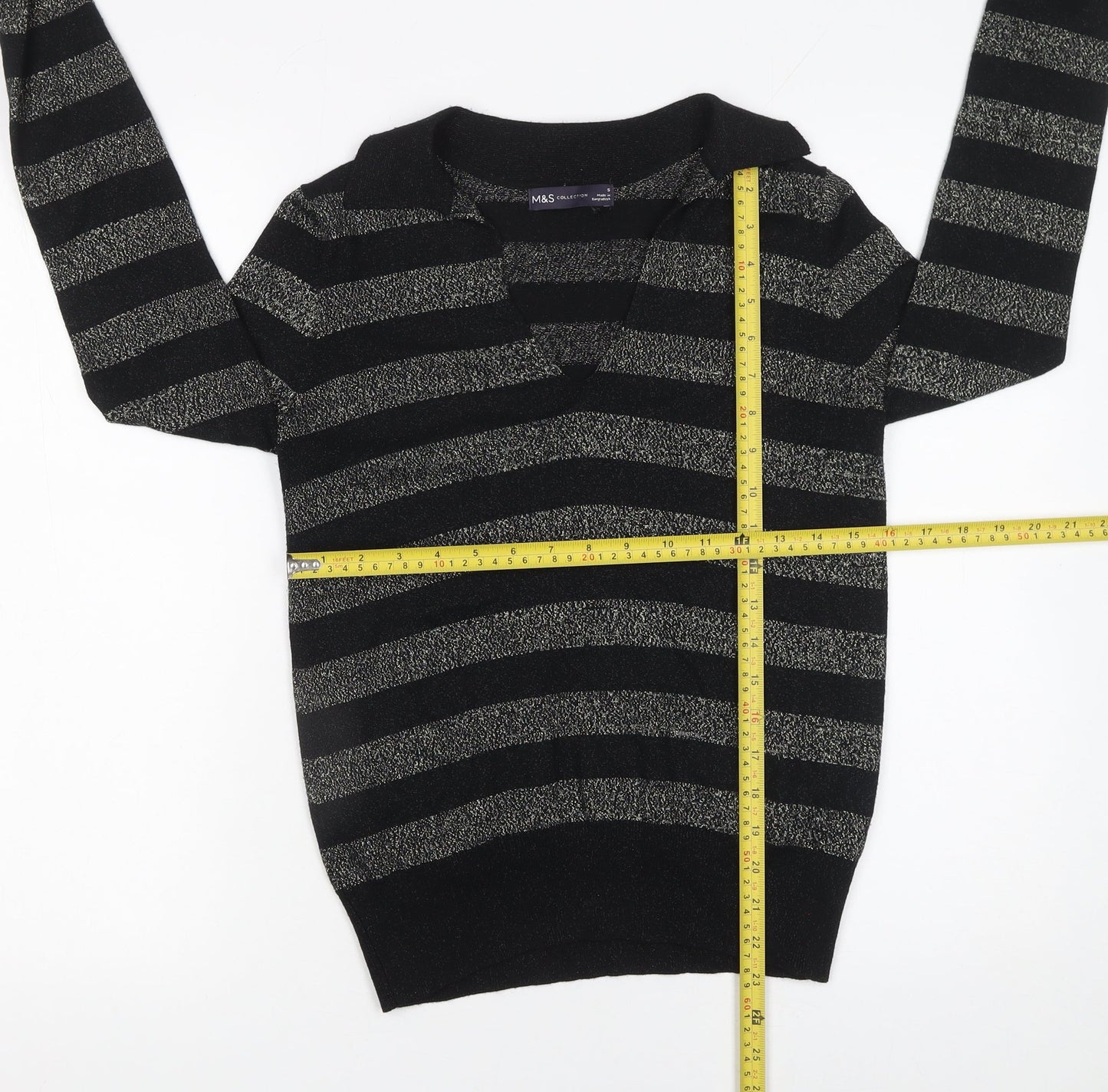 Marks and Spencer Women’s Black Striped Collared Pullover Jumper Size S