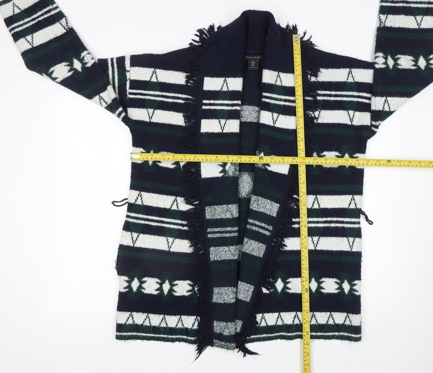 Tahari Women’s Multicoloured Geometric Fringe Knit Cardigan M