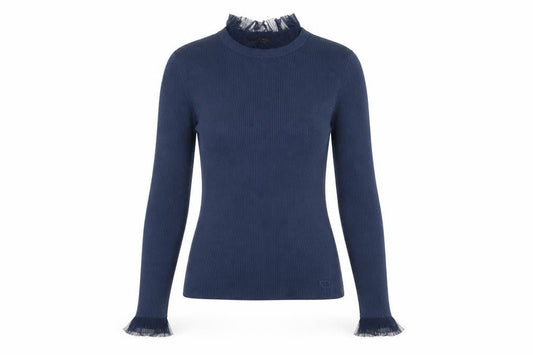 Ted Baker Women's Blue High Neck Ruffle Trim Slim Fit Jumper Size S