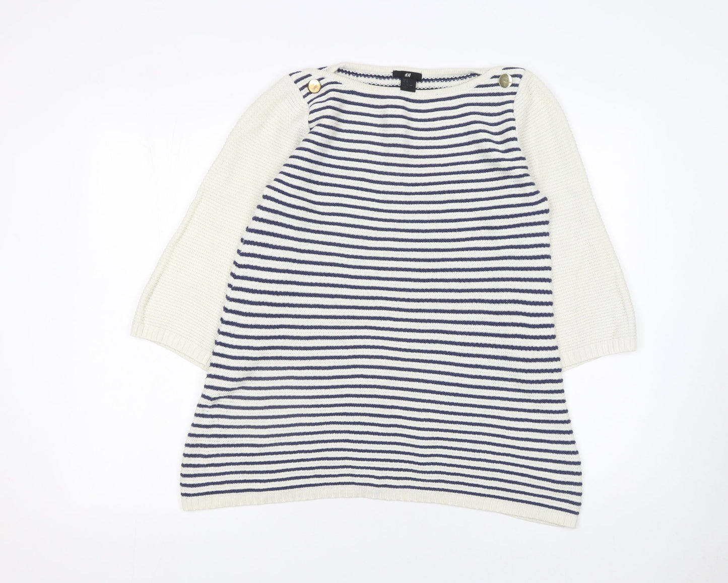 H&M Women’s White Navy Striped Cotton Knit 3/4 Sleeve Jumper Size 8