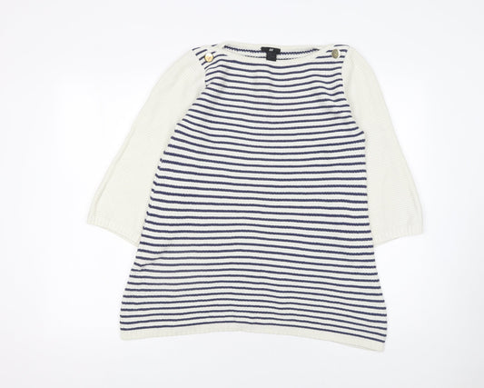 H&M Women’s White Navy Striped Cotton Knit 3/4 Sleeve Jumper Size 8
