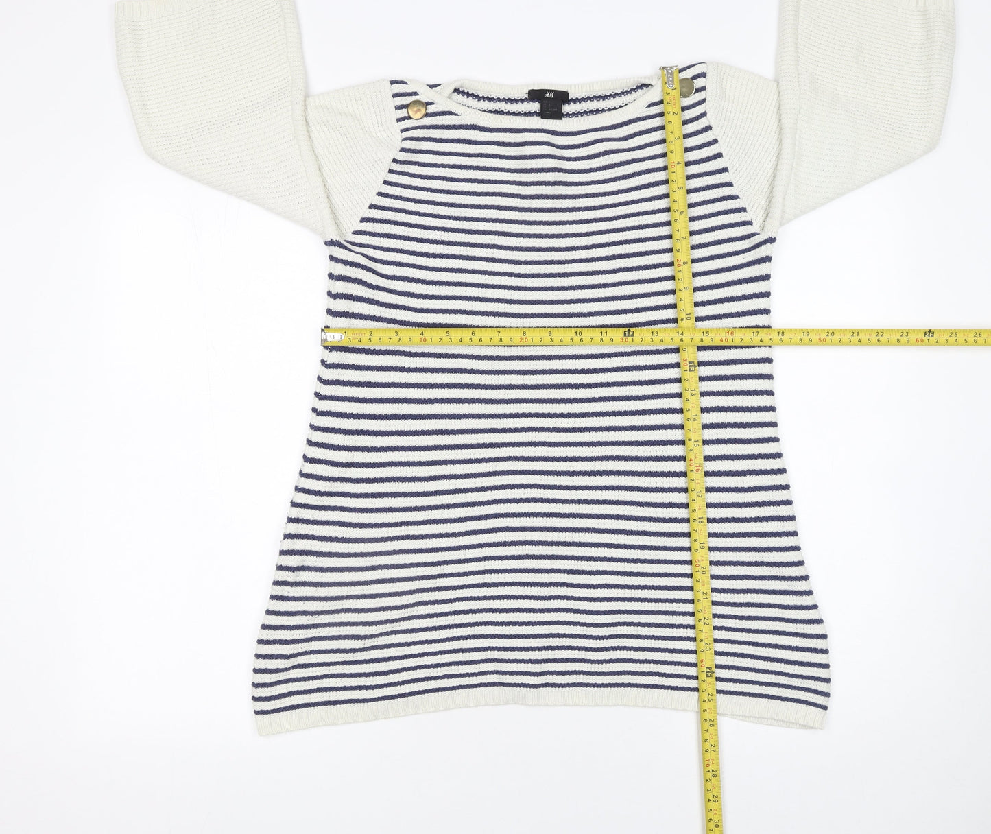 H&M Women’s White Navy Striped Cotton Knit 3/4 Sleeve Jumper Size 8