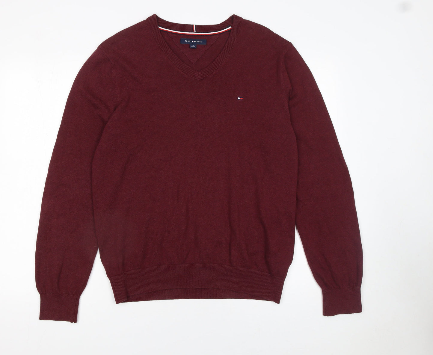 Tommy Hilfiger Men’s Red V-Neck Cotton Jumper M Classic Knit
