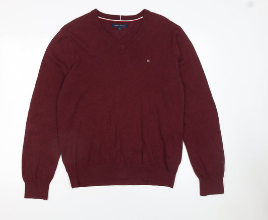 Tommy Hilfiger Men’s Red V-Neck Cotton Jumper M Classic Knit