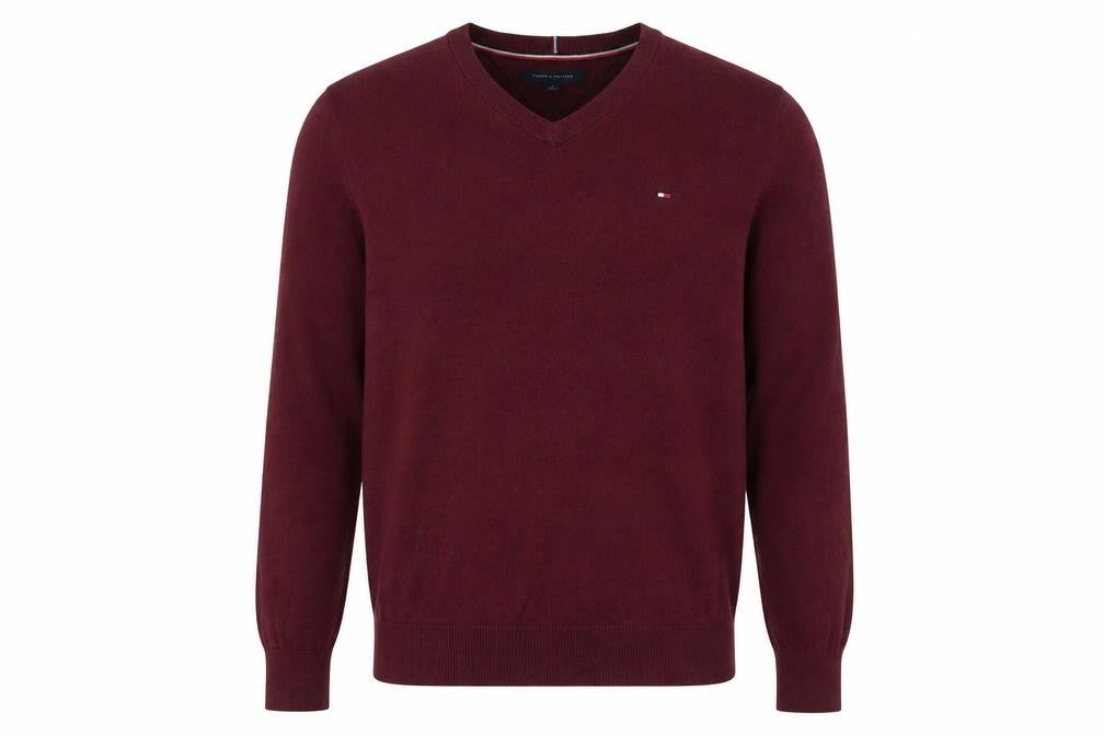 Tommy Hilfiger Men’s Red V-Neck Cotton Jumper M Classic Knit