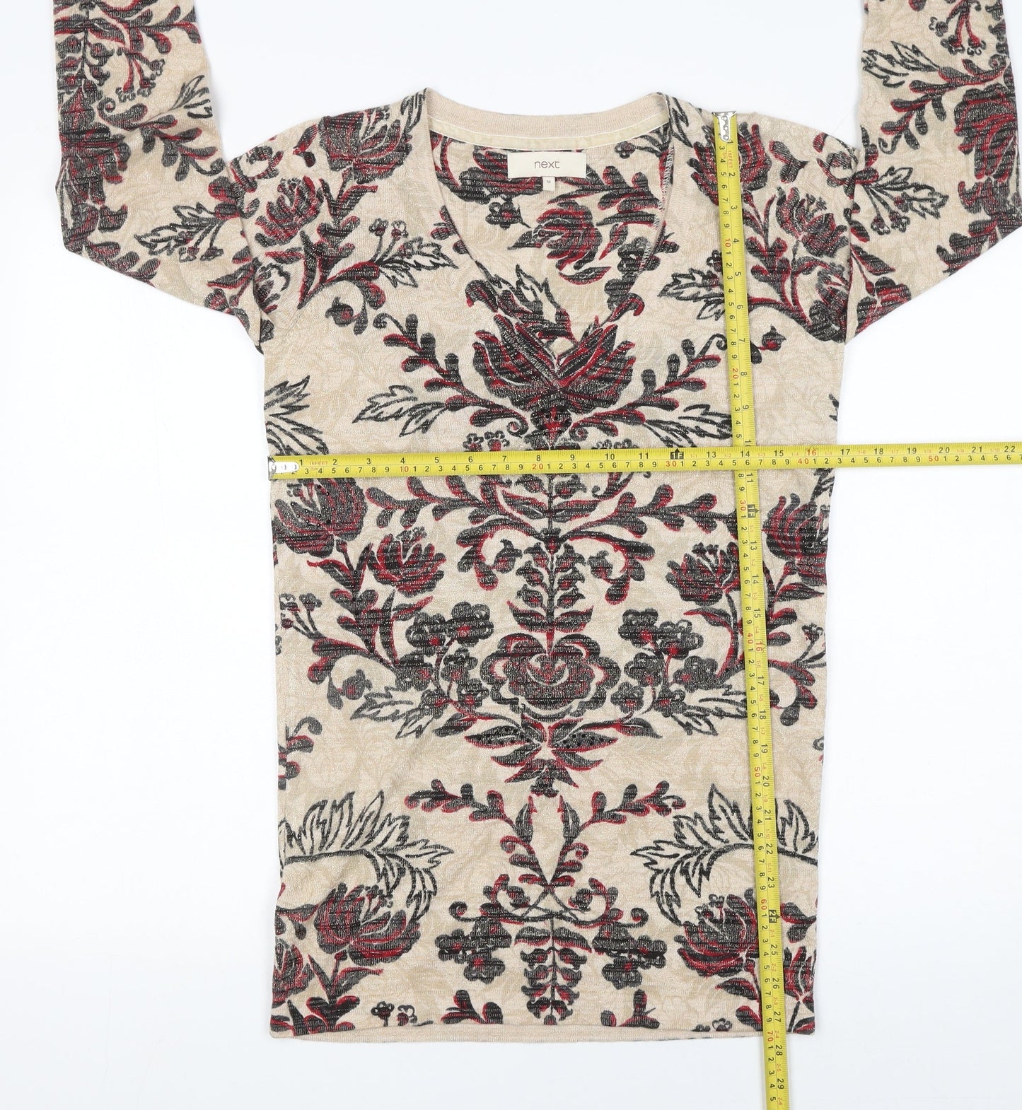Next Women Beige Floral V-Neck Pullover Jumper Size 10