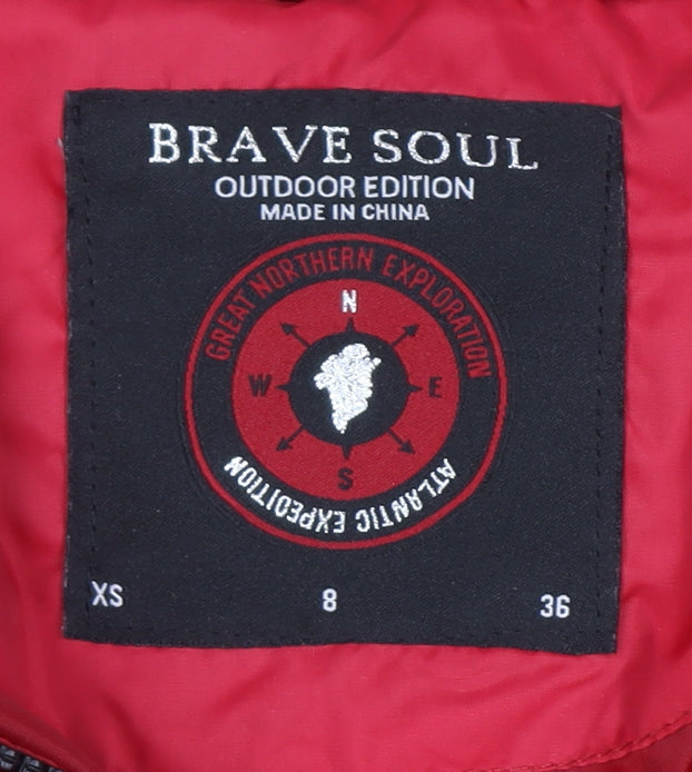 Brave Soul Womens Red Faux Fur Hooded Puffer Jacket Size 8