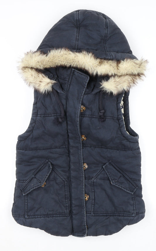 River Island Women's Blue Hooded Fur Trim Padded Waistcoat Size 8