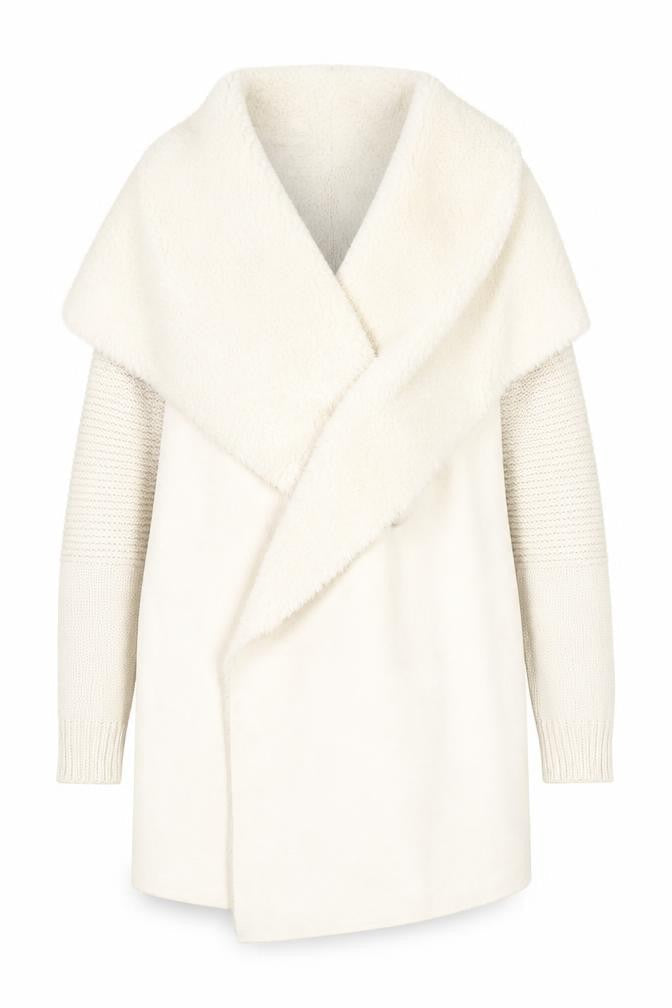 Quiz Women Ivory Faux Fur Trim Open Knit Long Sleeve Cardigan M