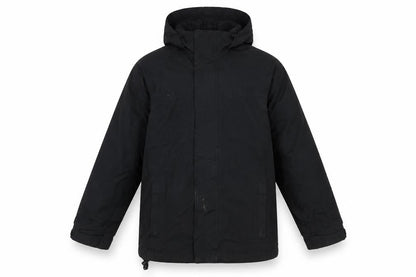 Front view of Trespass boys’ black waterproof hooded parka jacket 11-12 years