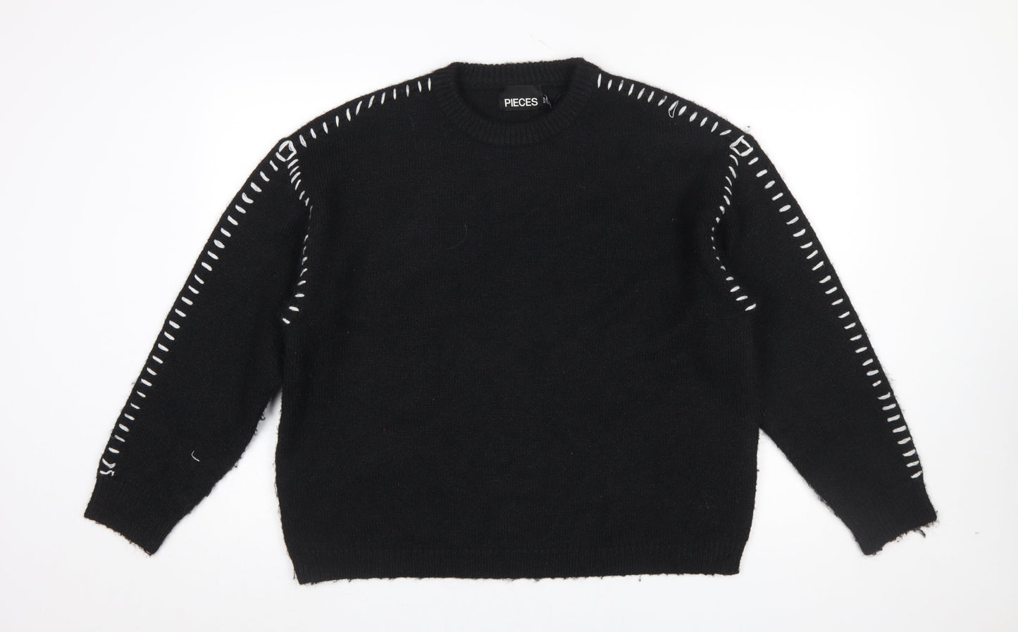 Pieces Women’s Black XL Crew Neck Knit Jumper with White Stitch Detail