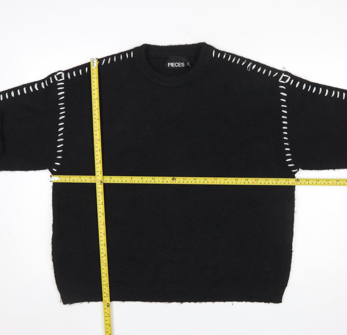 Pieces Women’s Black XL Crew Neck Knit Jumper with White Stitch Detail