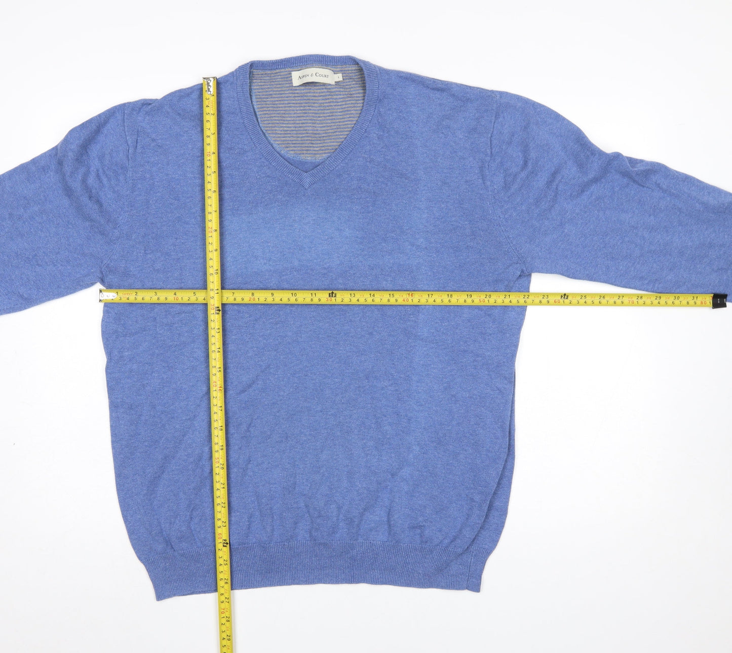 Aspen & Court Men's Blue Cotton V-Neck Jumper Size L