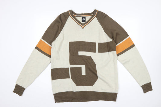 US40 Men’s Beige Brown V-Neck Graphic Pullover Jumper Size L