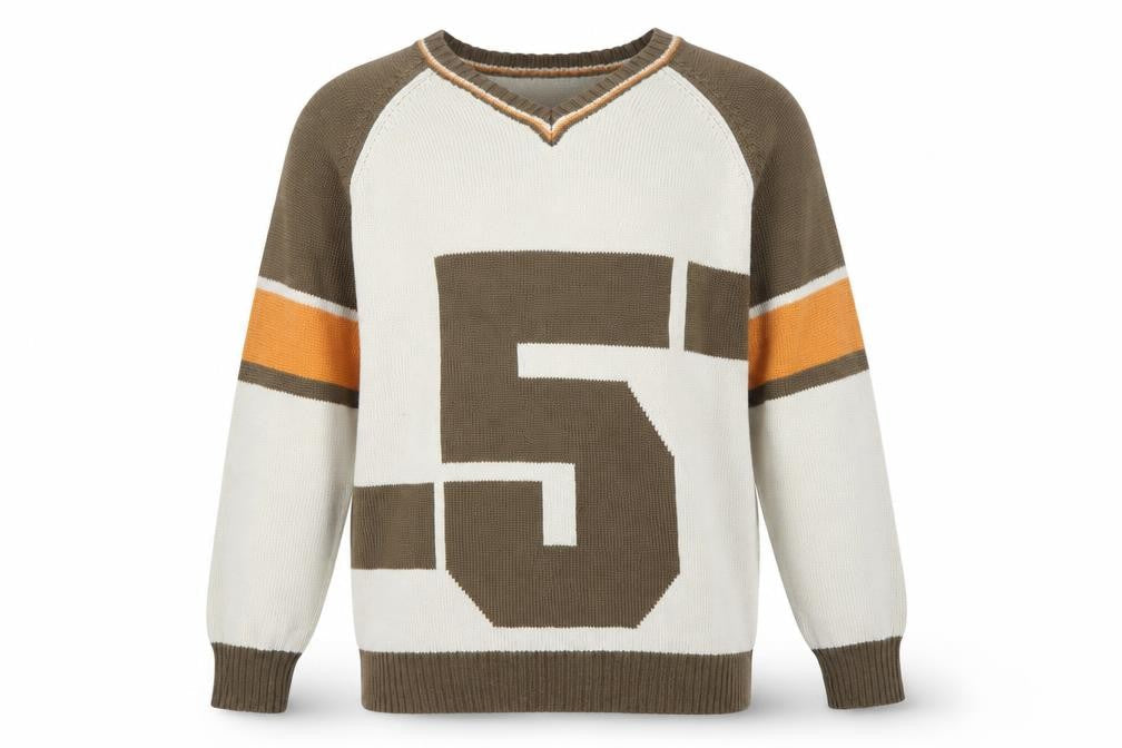 US40 Men’s Beige Brown V-Neck Graphic Pullover Jumper Size L
