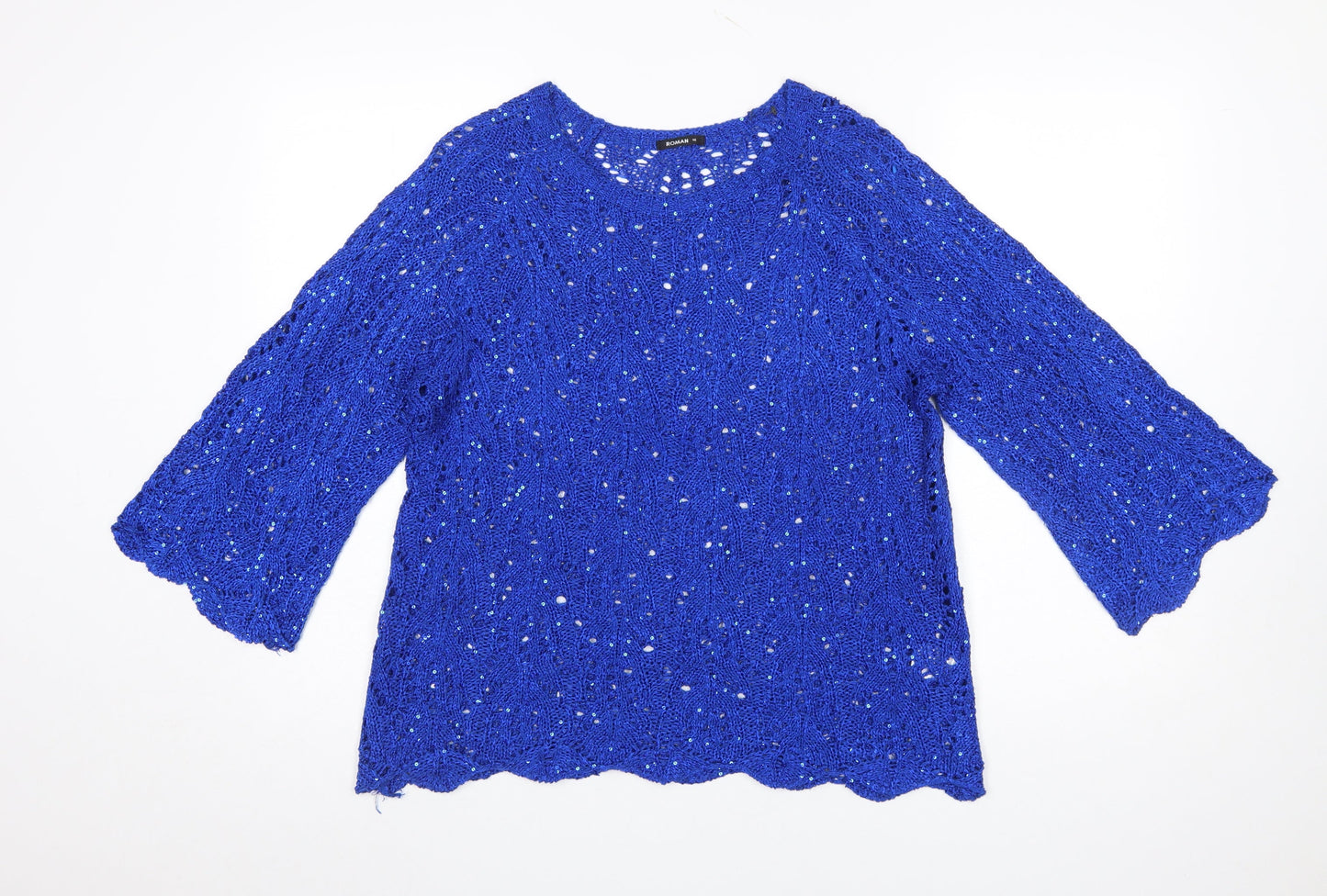 Roman Women Blue Sequin Open-Knit 3/4 Sleeve Pullover Jumper Size 18