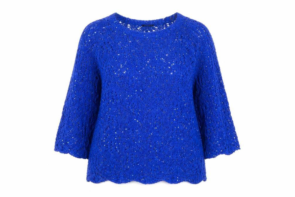 Roman Women Blue Sequin Open-Knit 3/4 Sleeve Pullover Jumper Size 18