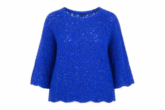 Front view of Roman Women Blue Sequin Open-Knit 3/4 Sleeve jumper, size 18