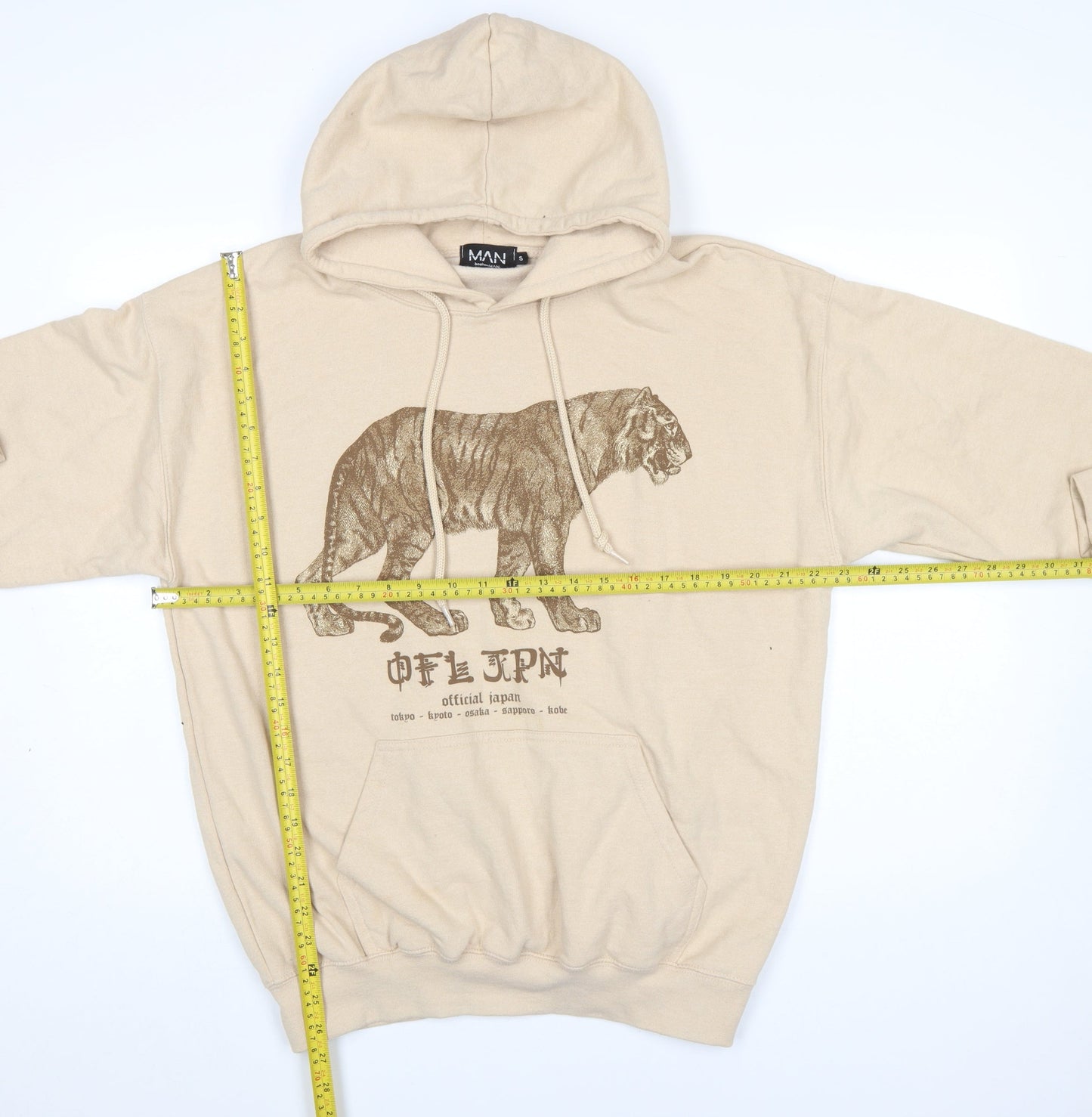 boohooMAN Men's Beige Tiger Graphic Pullover Hoodie Size S
