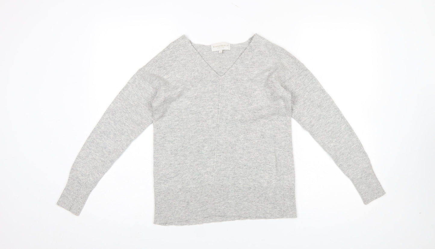 Bianco & Blu Women's Grey Wool Cashmere V-Neck Jumper Size M