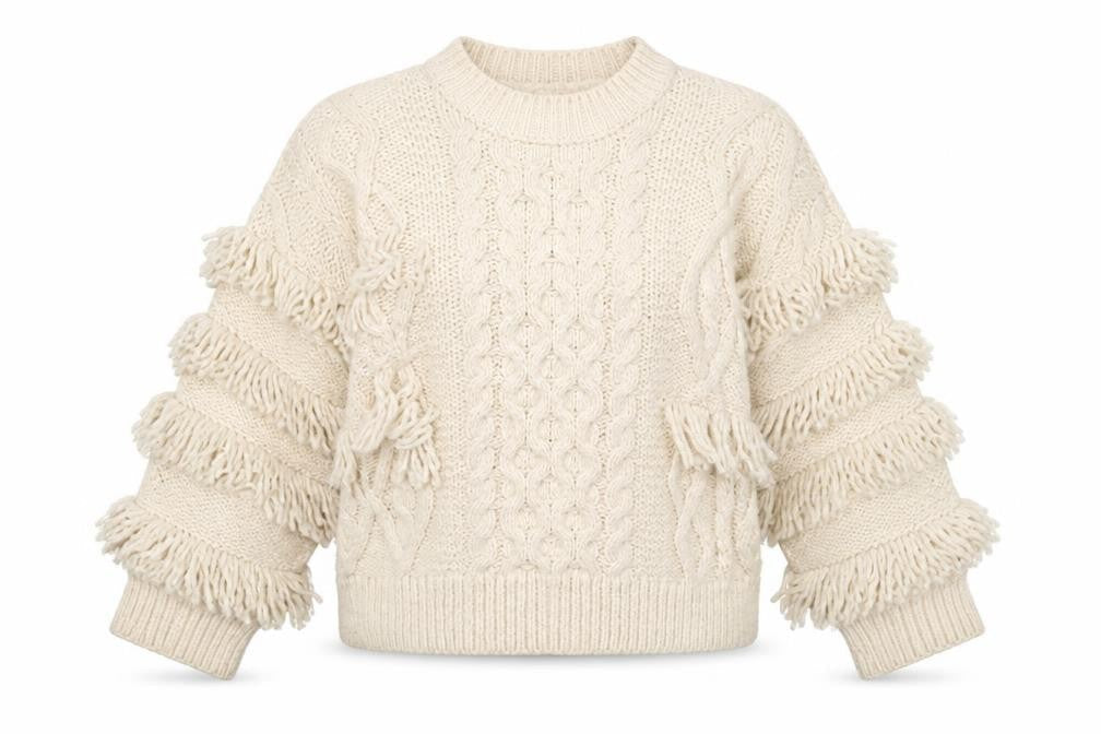 Stradivarius Womens Ivory Fringe Cable-Knit Pullover Jumper Size 12