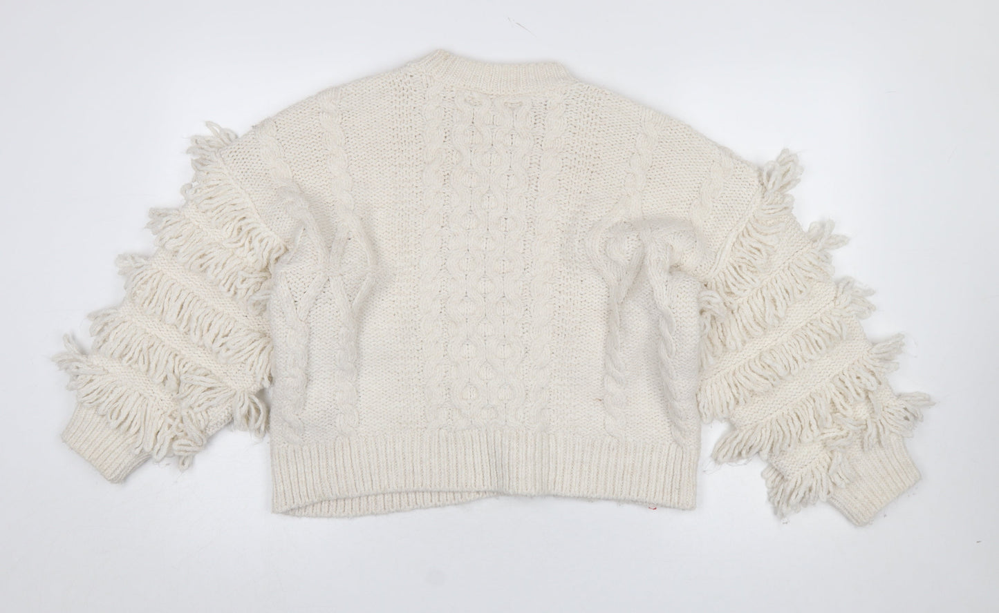 Stradivarius Womens Ivory Fringe Cable-Knit Pullover Jumper Size 12