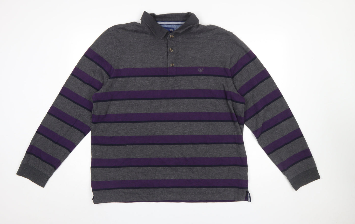 Lincoln Men's Grey Purple Striped Long Sleeve Polo Shirt XL