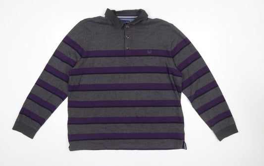 Lincoln Men's Grey Purple Striped Long Sleeve Polo Shirt XL