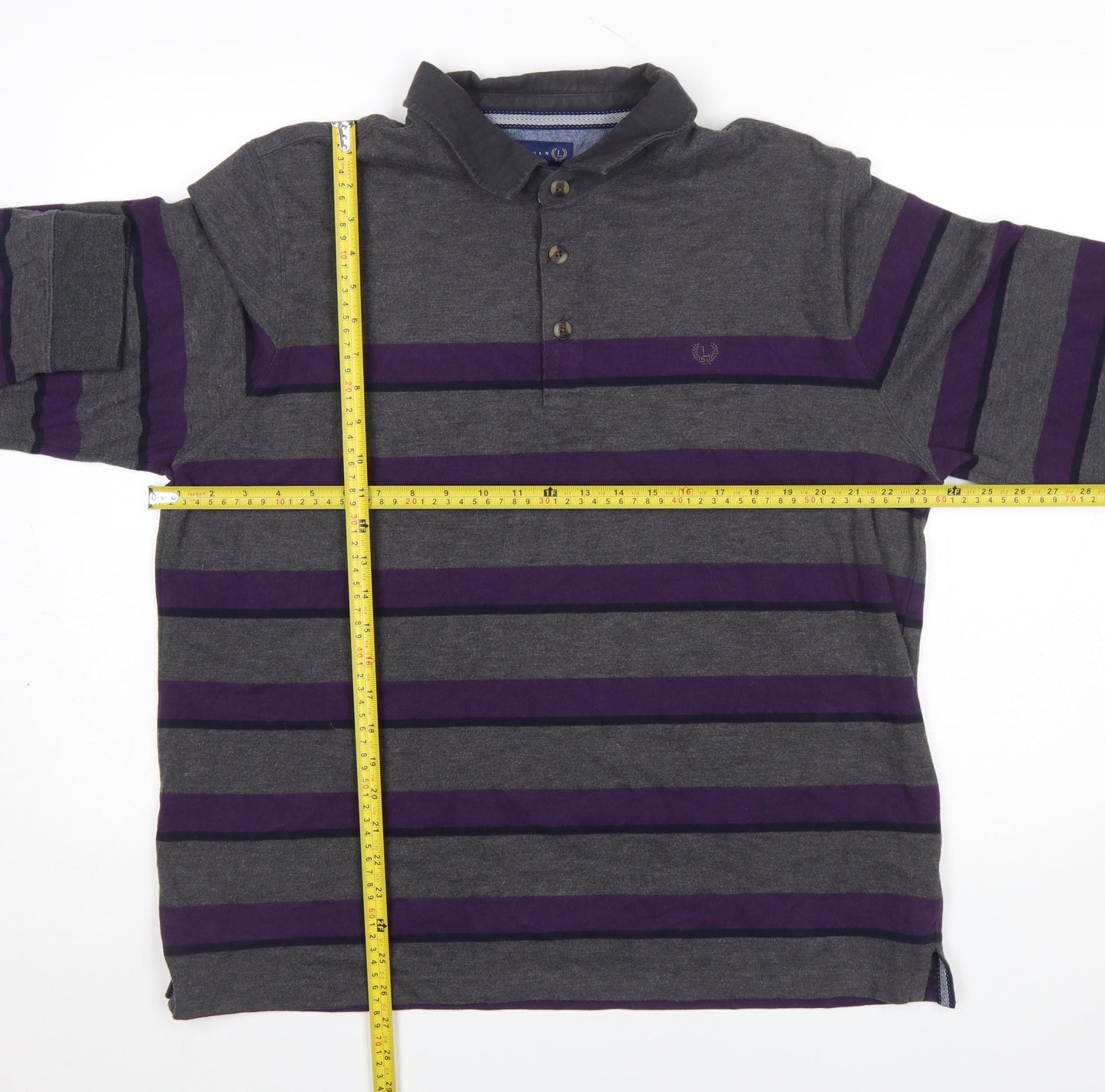 Lincoln Men's Grey Purple Striped Long Sleeve Polo Shirt XL