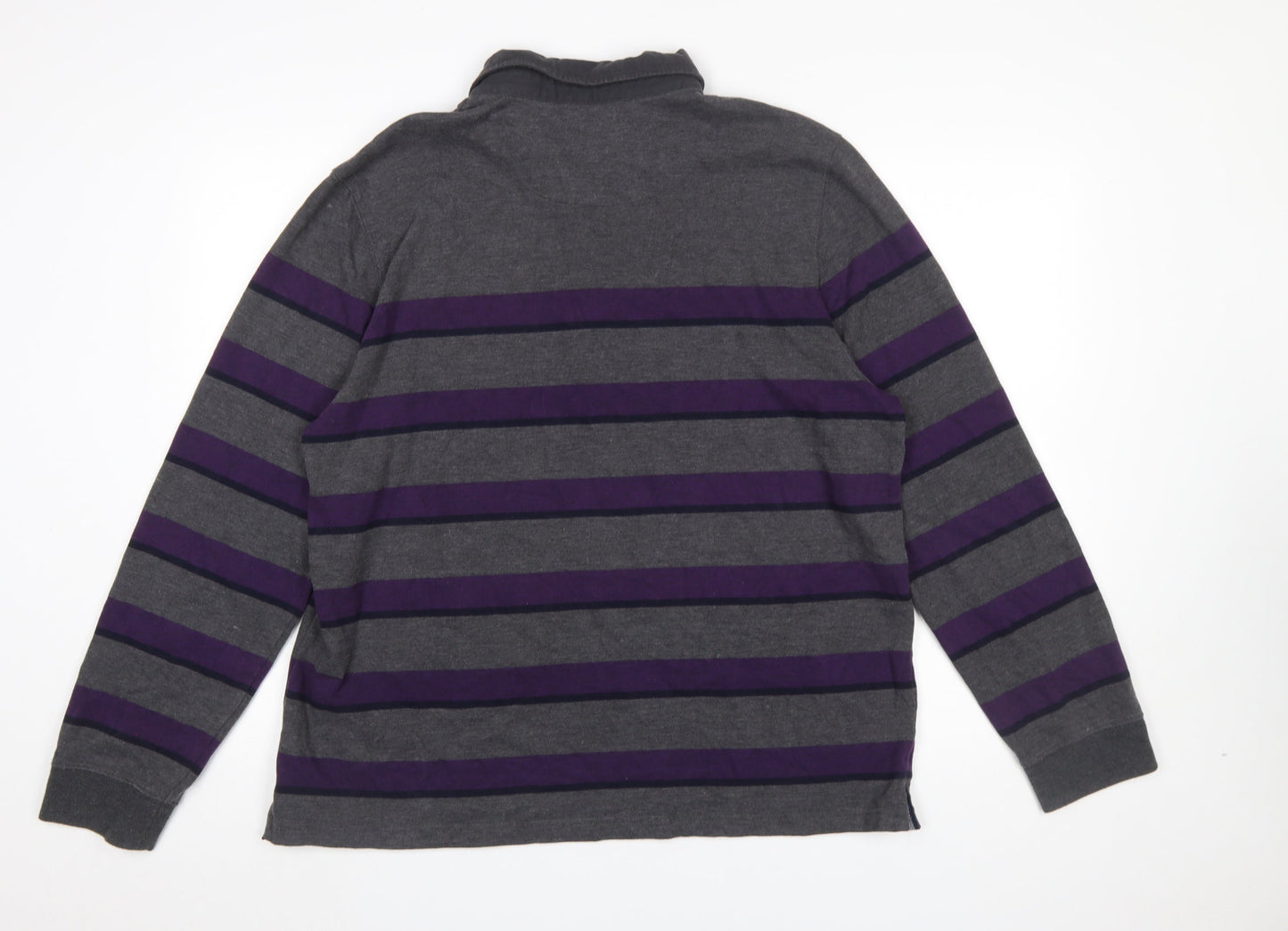 Lincoln Men's Grey Purple Striped Long Sleeve Polo Shirt XL