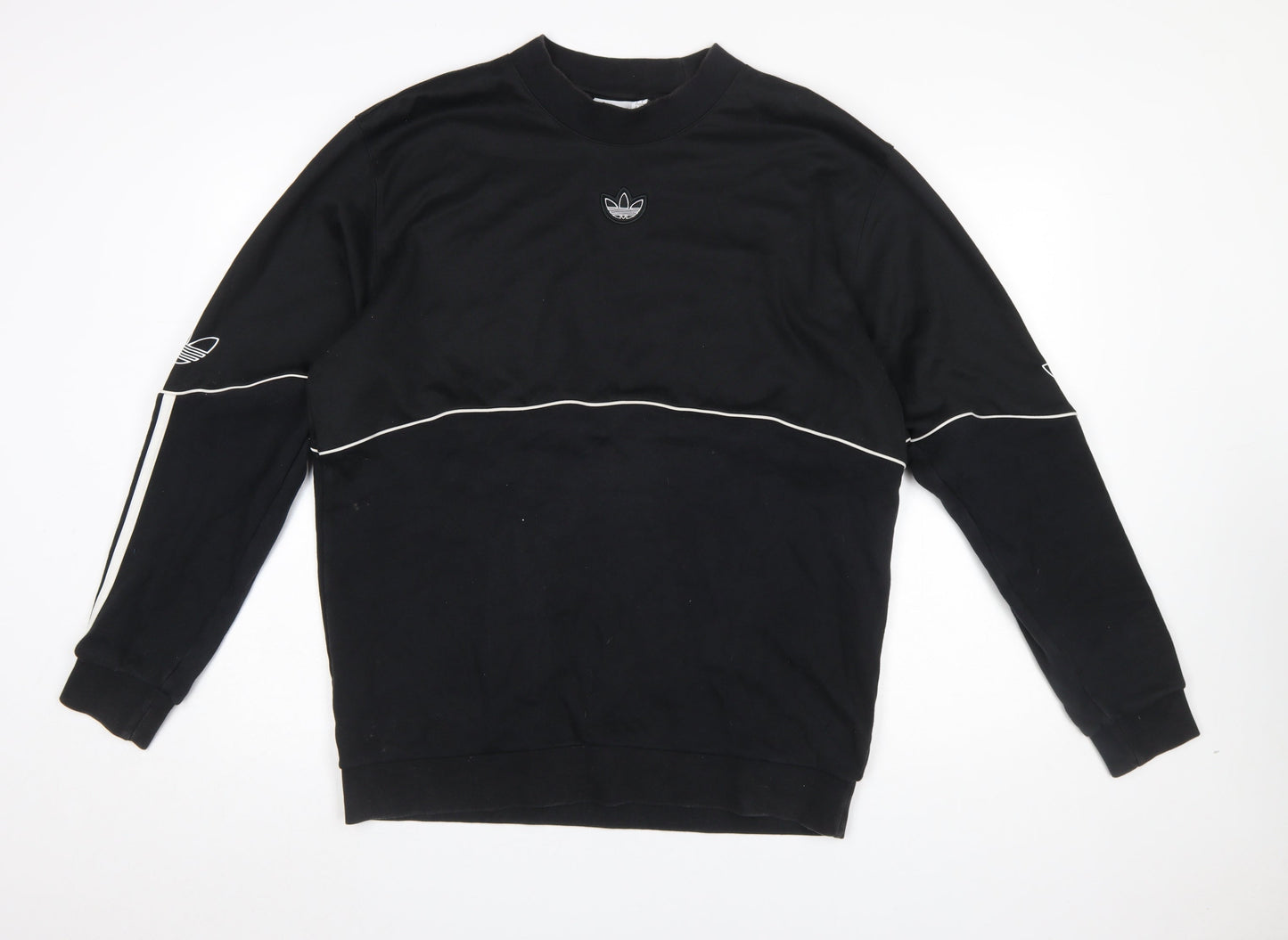 Adidas Mens Black Large Crew Neck Pullover Sweatshirt with White Trim