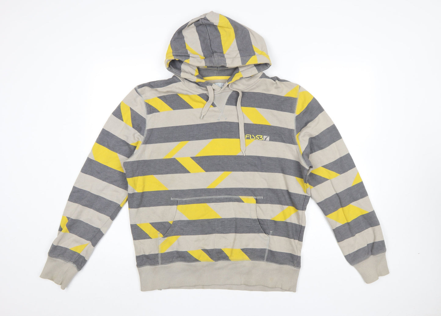 FLY53 Mens Grey Yellow Striped Pullover Hoodie Size M