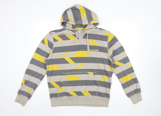 FLY53 Mens Grey Yellow Striped Pullover Hoodie Size M