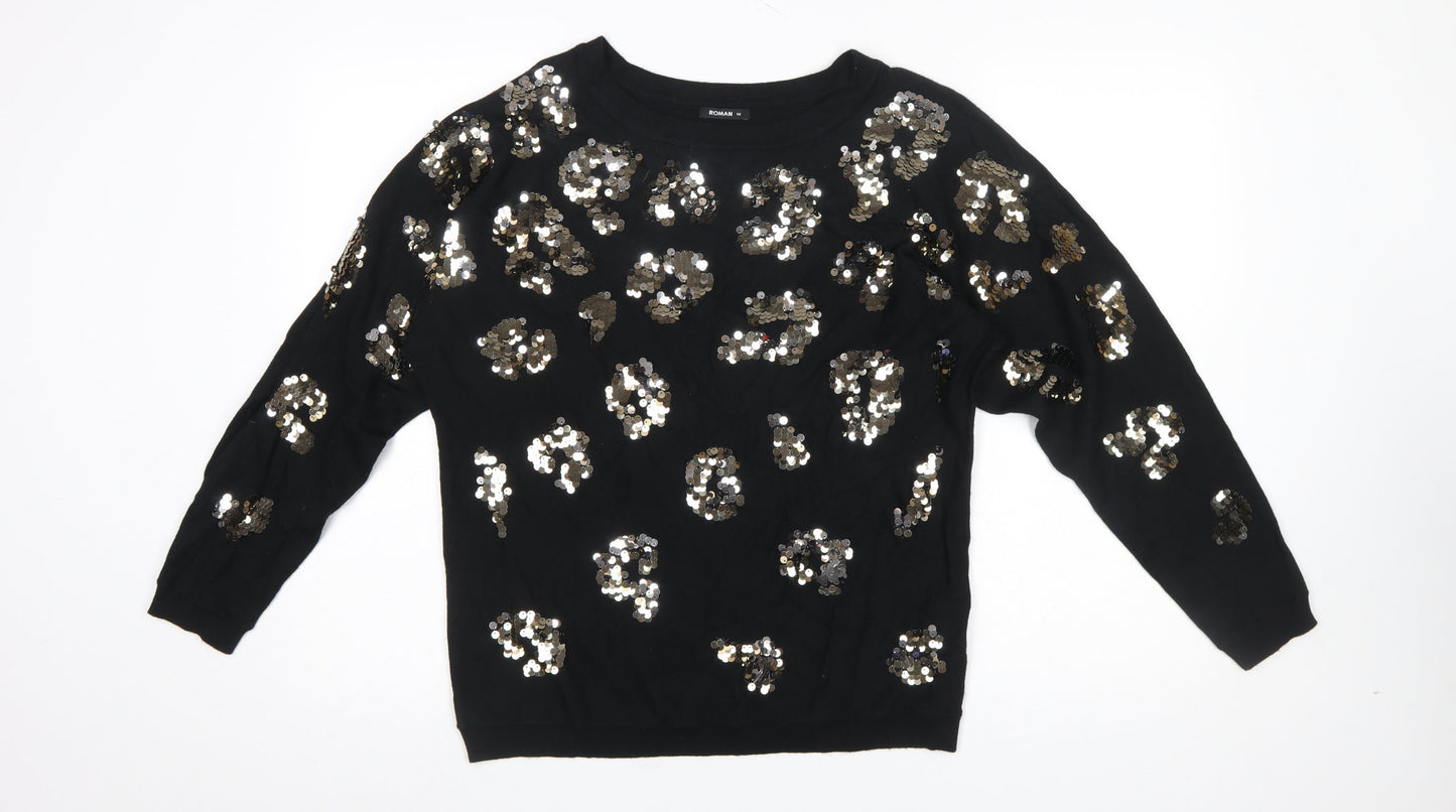 Roman Women’s Black Sequin Animal Print Pullover Jumper Size 14