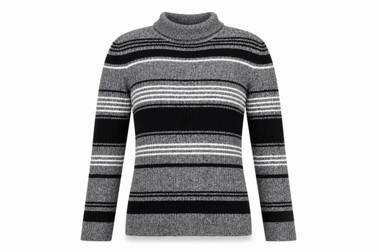 Front view of Red Herring Women’s Grey Striped Roll Neck Jumper, size UK 12