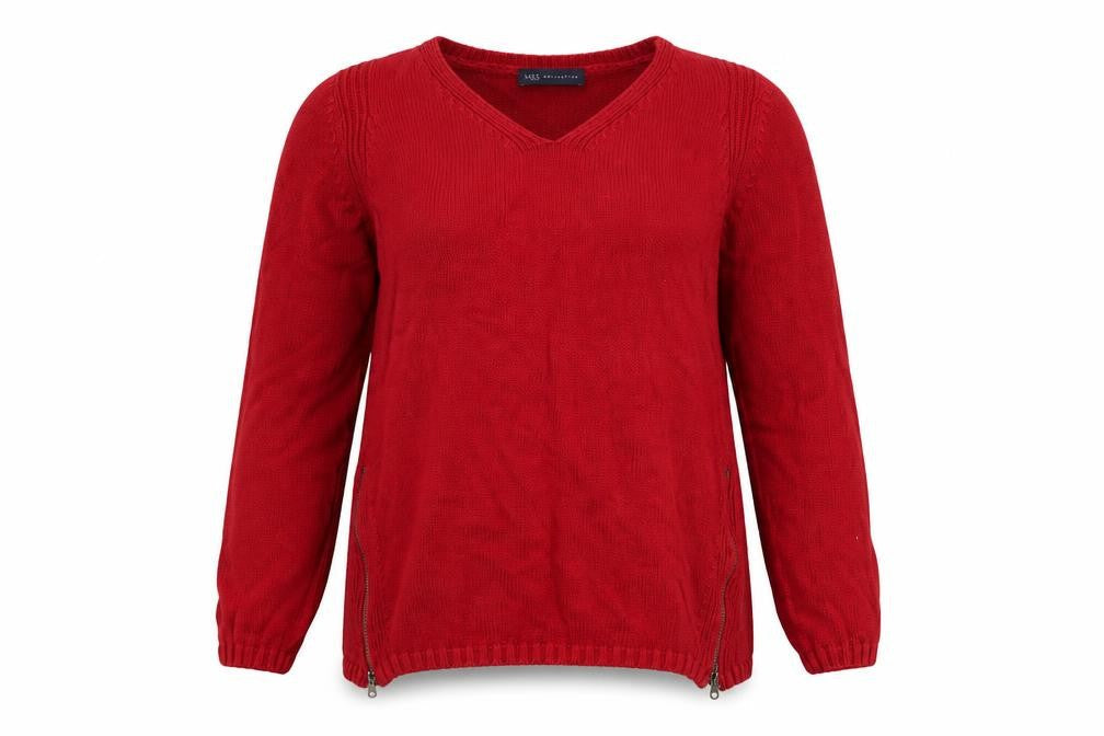 Marks & Spencer Women Red V-Neck Cotton Zip Jumper Size 12