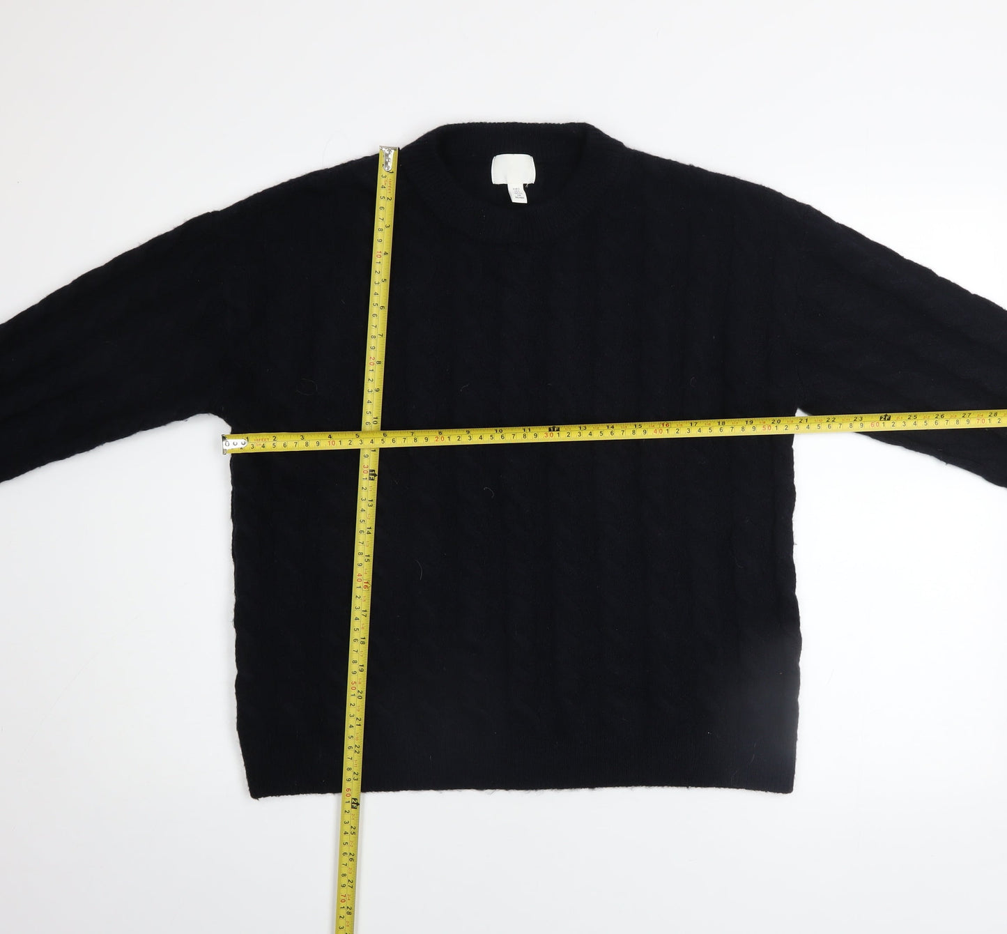 H&M Women Black Cable-Knit Jumper Size 8 Crew Neck Long Sleeve