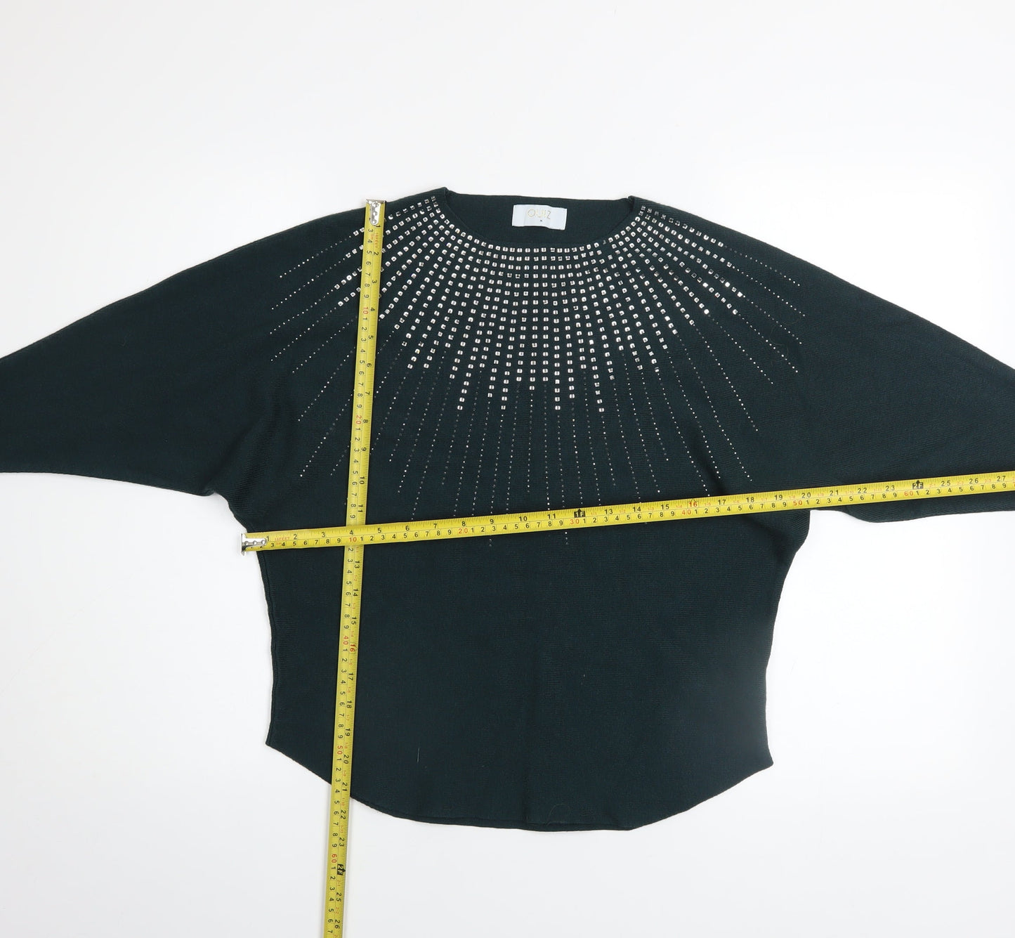 Quiz Women Green Rhinestone Long Sleeve Crew Neck Pullover Jumper Size M