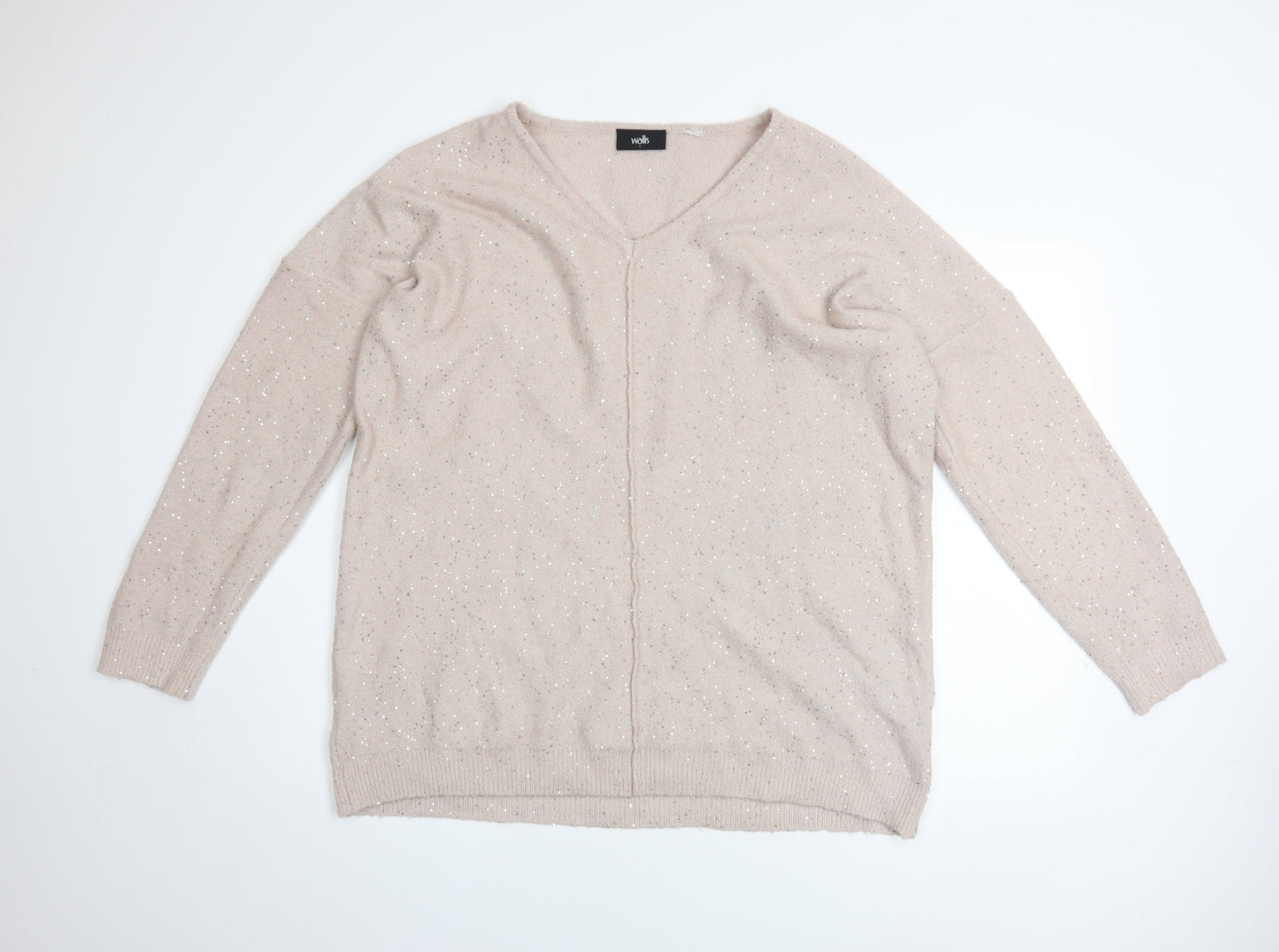 Wallis Womens Beige Sequin V-Neck Long Sleeve Pullover Jumper L