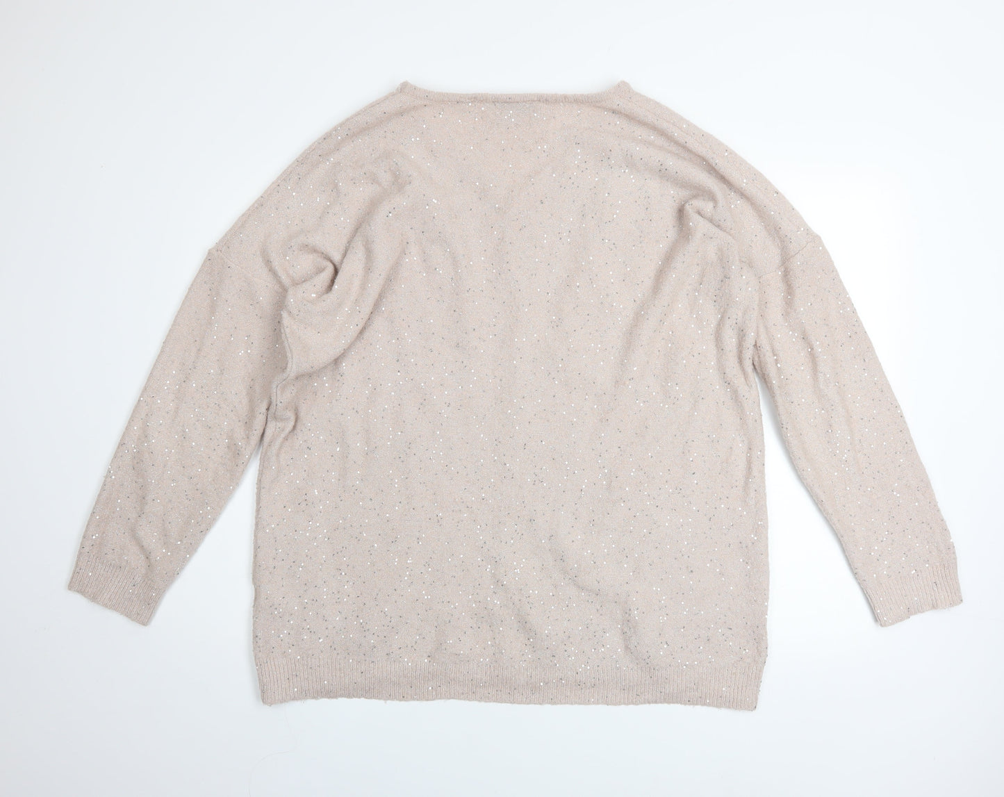 Wallis Womens Beige Sequin V-Neck Long Sleeve Pullover Jumper L
