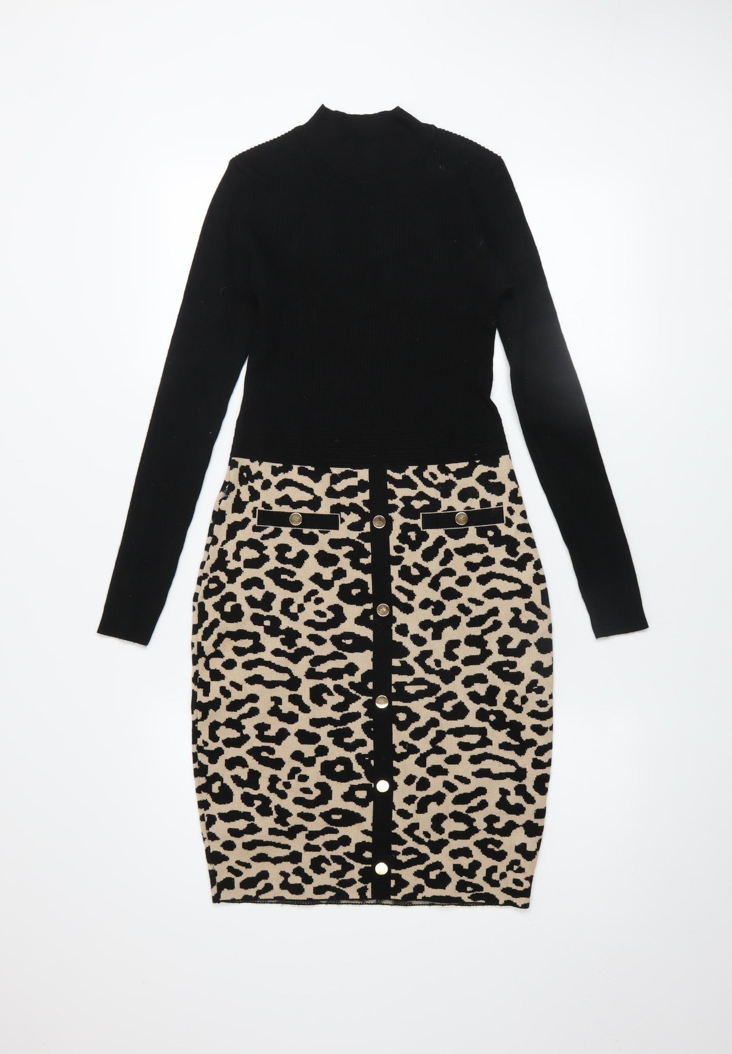 QUIZ Women’s Black Beige Leopard Print Bodycon Knit Dress Size S