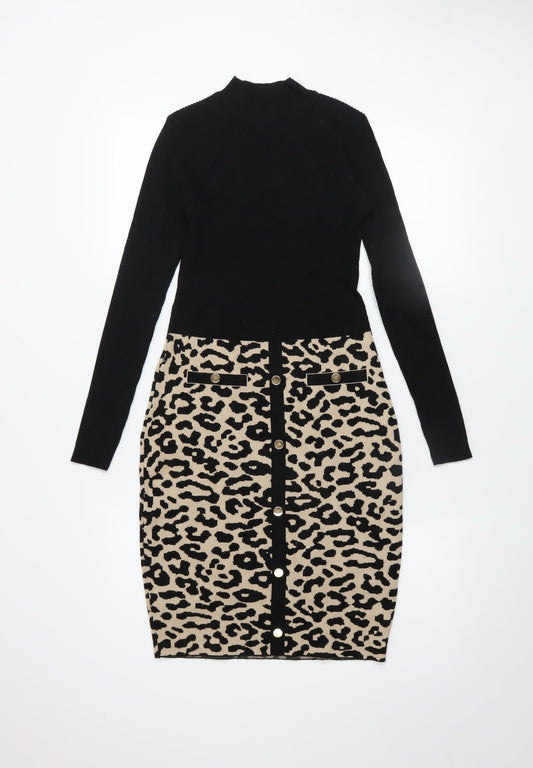 QUIZ Women’s Black Beige Leopard Print Bodycon Knit Dress Size S