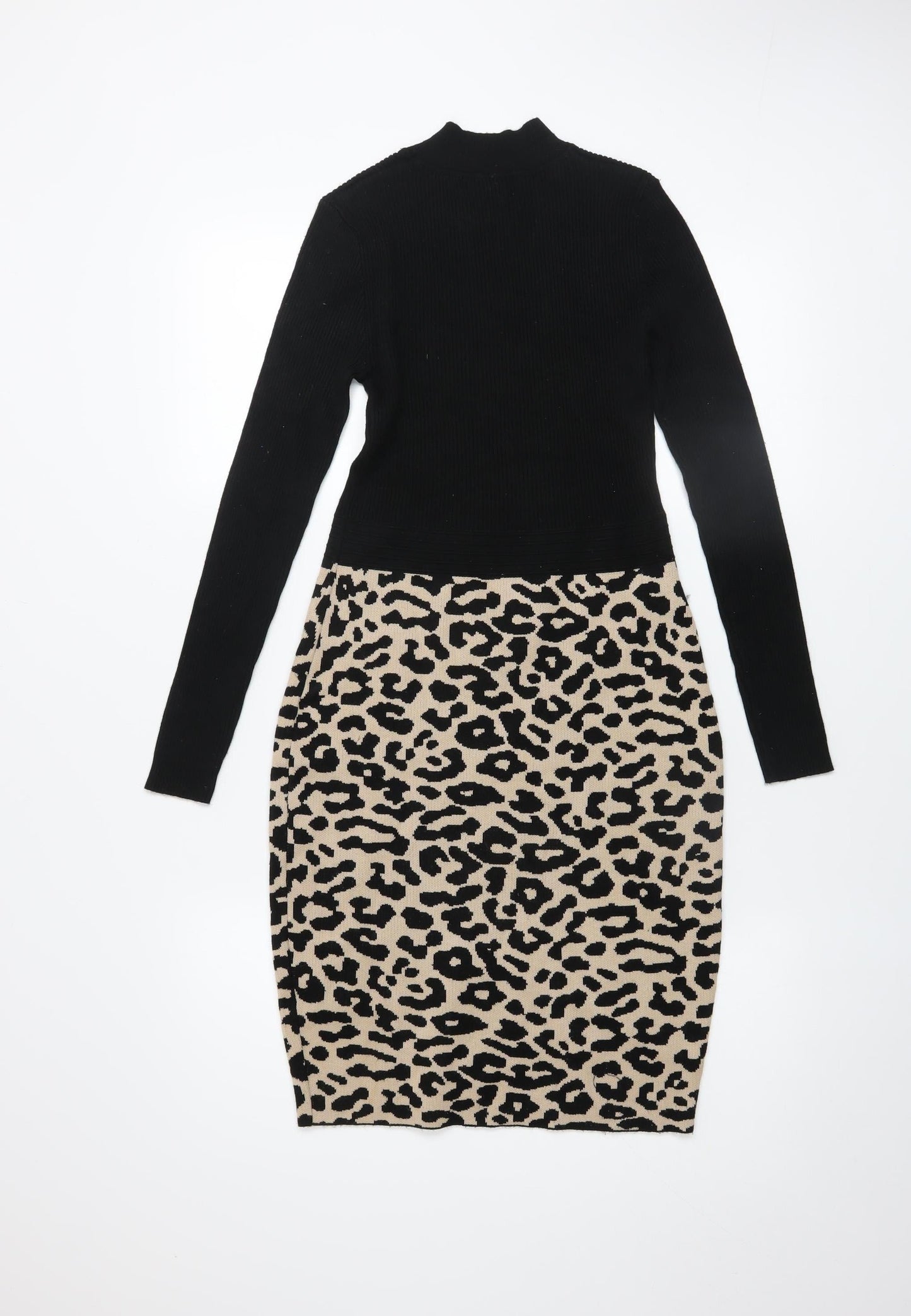 QUIZ Women’s Black Beige Leopard Print Bodycon Knit Dress Size S