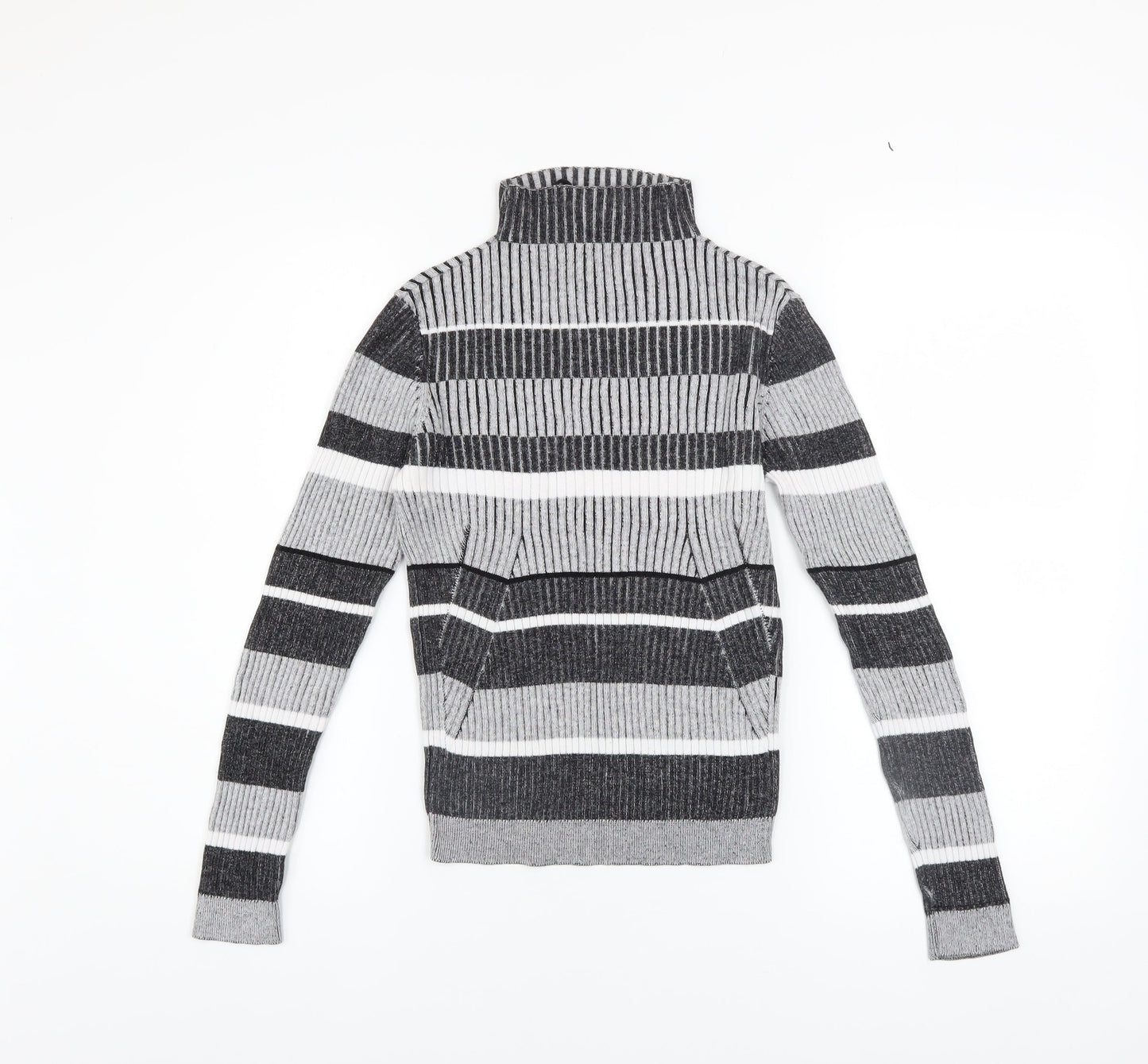 Vero Moda Women's Grey Striped Roll Neck Ribbed Jumper Size M