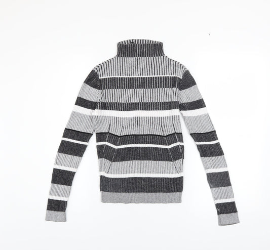 Vero Moda Women's Grey Striped Roll Neck Ribbed Jumper Size M