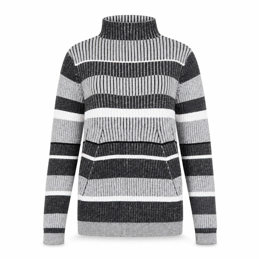 Vero Moda Women's Grey Striped Roll Neck Ribbed Jumper Size M